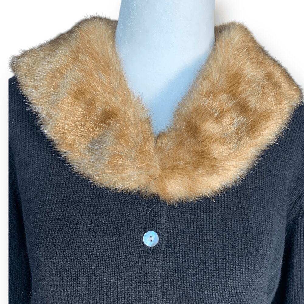 Vintage 90s Black Cardigan Sweater Exaggerated Removable Faux Fur Collar Large